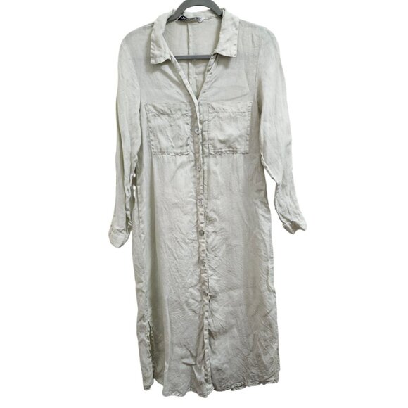 Zara 100% Linen Shirt Dress Long Sleeve Khaki Green Button Front - Picture 3 of 16